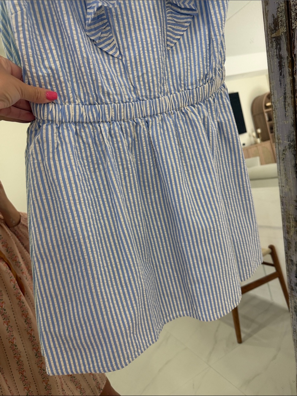 Crewcuts Blue & White Striped Ruffle-Shoulder Casual Dress - Picture 3 of 5